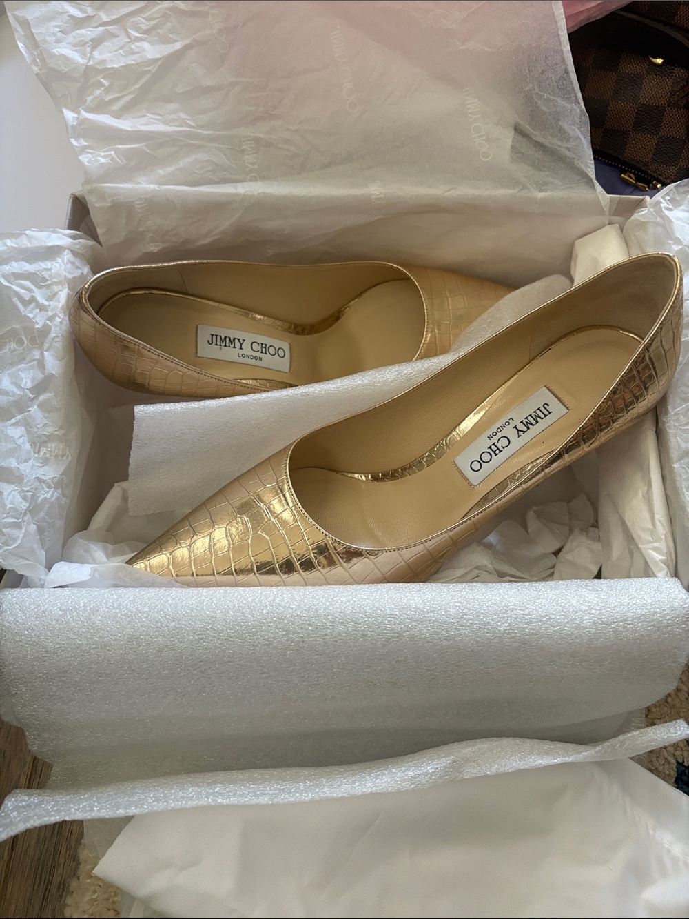 Jimmy Choo Gold Croc-Embossed Pointed Toe Pumps